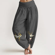 Foviel Crane Glückswolken Blütenmuster reine Baumwolle Damen elastische Taille Harem Hose