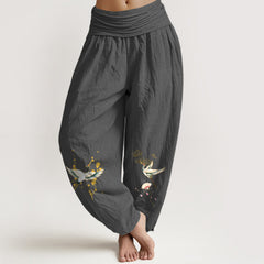 Buddha Stones Crane Auspicious Clouds Flower Pattern Pure Cotton Women's Elastic Waist Harem Pants - DimGray - US16，UK/AU20，EU48 (3XL) - image 0