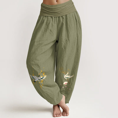 Buddha Stones Crane Auspicious Clouds Flower Pattern Pure Cotton Women's Elastic Waist Harem Pants - OliveDrab - US16，UK/AU20，EU48 (3XL) - image 8