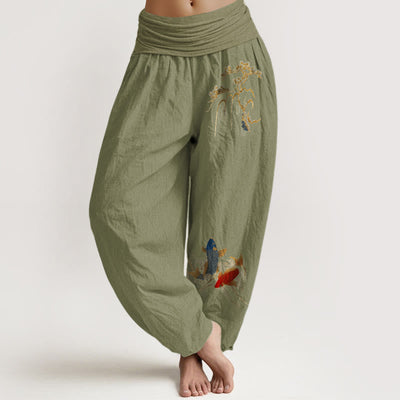 Buddha Stones Pure Cotton Pine Tree Koi Fish Pattern Women's Elastic Waist Harem Pants - OliveDrab - US16，UK/AU20，EU48 (3XL) - image 14