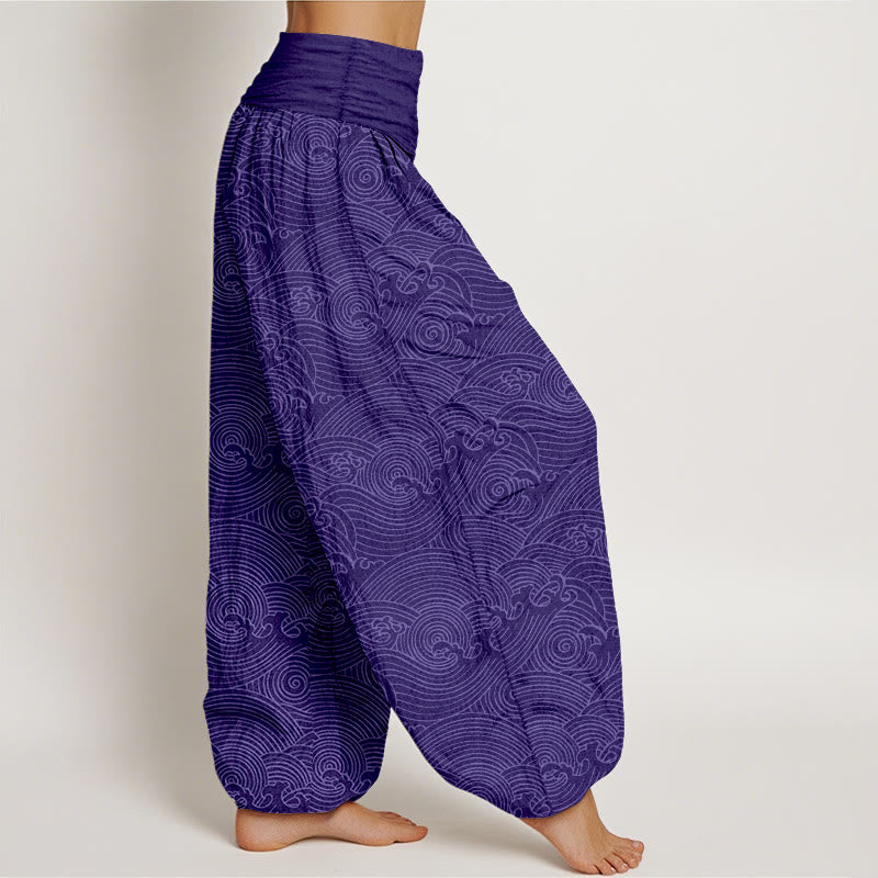 Buddha Stones Pure Cotton Fu Character Ocean Waves Women's Elastic Waist Harem Pants - image 7