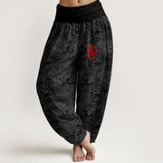 Foviel Pure Cotton Fu Character Ocean Waves Women's Elastic Waist Harem Pants