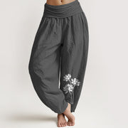 Foviel Casual Three Lotus Flowers Pattern Women's Elastic Waist Harem Cotton Pants