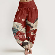 Foviel reine Baumwolle Cranes Pfirsichblüten Ozean Damen elastische Taille Harem Hose