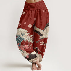 Buddha Stones Pure Cotton Cranes Peach Blossoms Ocean Women's Elastic Waist Harem Pants - DarkRed - US16，UK/AU20，EU48 (3XL) - image 0