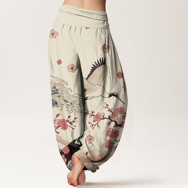 Buddha Stones Pure Cotton Cranes Peach Blossoms Ocean Women's Elastic Waist Harem Pants - image 9