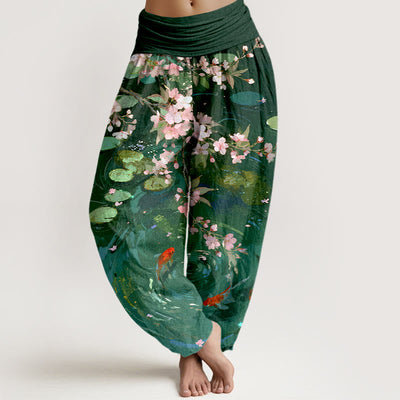 Buddha Stones Pure Cotton Sakura Blossoms Koi Fish Lotus Leaves Women's Elastic Waist Harem Pants - SeaGreen - US16，UK/AU20，EU48 (3XL) - image 0