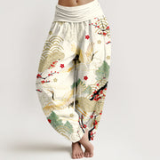 Foviel Print Crane Auspicious Clouds Flowers Pattern Women's Elastic Waist Harem Cotton Pants