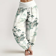 Foviel Print Pine Trees Mountains Pattern Pure Cotton Women's Elastic Waist Harem Pants