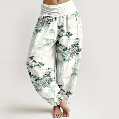 Buddha Stones Print Pine Trees Mountains Pattern Pure Cotton Women's Elastic Waist Harem Pants - SeaGreen - US16，UK/AU20，EU48 (3XL) - image 0