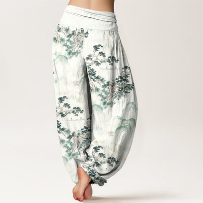 Buddha Stones Print Pine Trees Mountains Pattern Pure Cotton Women's Elastic Waist Harem Pants - image 1