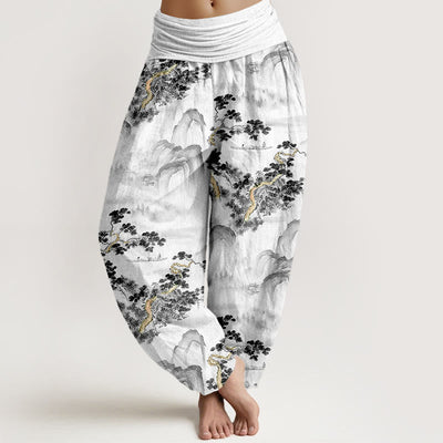 Buddha Stones Print Pine Trees Mountains Pattern Pure Cotton Women's Elastic Waist Harem Pants - Black - US16，UK/AU20，EU48 (3XL) - image 5