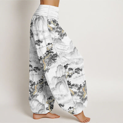 Buddha Stones Print Pine Trees Mountains Pattern Pure Cotton Women's Elastic Waist Harem Pants - image 7