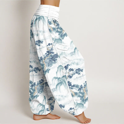 Buddha Stones Print Pine Trees Mountains Pattern Pure Cotton Women's Elastic Waist Harem Pants - image 9