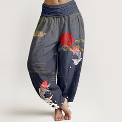 Buddha Stones Koi Fish Red Sun Waves Clouds Pattern Women's Elastic Waist Harem Pure Cotton Pants - LightSlateGray - US16，UK/AU20，EU48 (3XL) - image 0