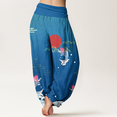 Buddha Stones Koi Fish Red Sun Waves Clouds Pattern Women's Elastic Waist Harem Pure Cotton Pants - image 6