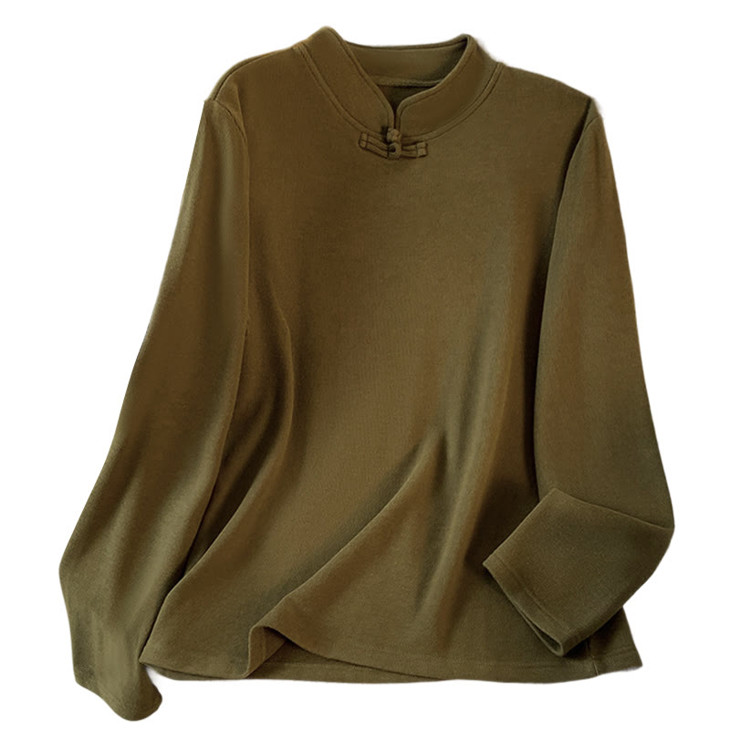 Buddha Stones Spring Solid Color Stand Collar Frog-button Design Women's Cotton Long Sleeve Shirt - image 23