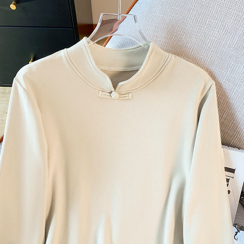 Buddha Stones Spring Solid Color Stand Collar Frog-button Design Women's Cotton Long Sleeve Shirt - image 5