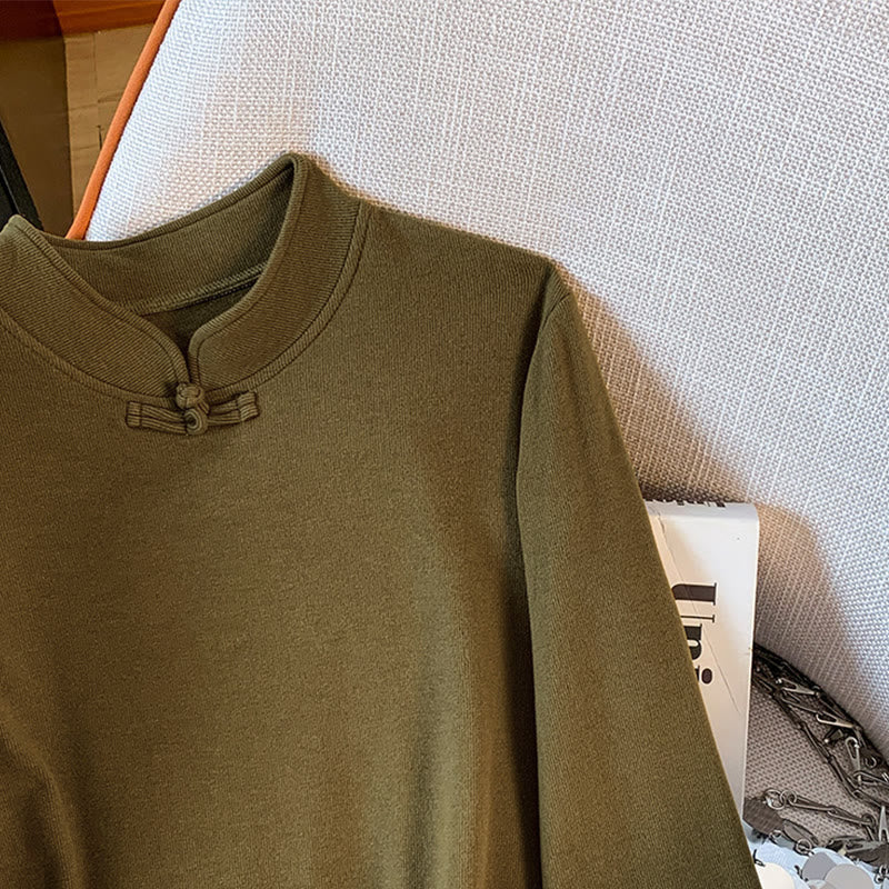 Buddha Stones Spring Solid Color Stand Collar Frog-button Design Women's Cotton Long Sleeve Shirt - image 18