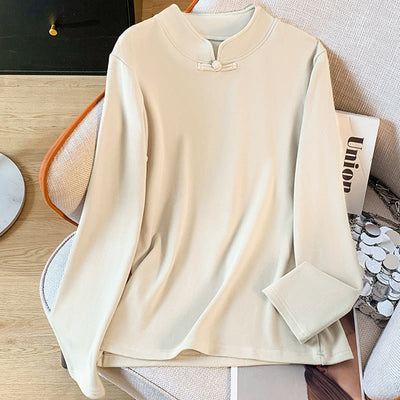 Buddha Stones Spring Solid Color Stand Collar Frog-button Design Women's Cotton Long Sleeve Shirt - image 2
