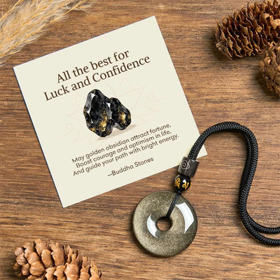Buddha Stones "All the best for Luck and Confidence" Obsidian Necklace Includes Gift Message Card - Gold Sheen Obsidian - Standard Gift Box - image 0
