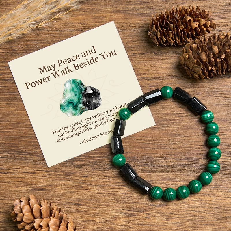Buddha Stones "May Peace and Power Walk Beside You" Malachite Bracelet Includes Gift Message Card - Malachite Black Tourmaline(Wrist Circumference: 14-16cm) - Standard Gift Box - image 0