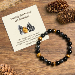 Buddha Stones "Sending You Power and Protection" Tiger's Eye Bracelet Includes Gift Message Card - Yellow Tiger Eye Obsidian Hematite(Wrist Circumference: 14-18cm) - Standard Gift Box - image 0