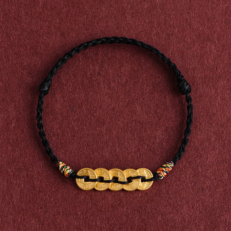 Buddha Stones Five Copper Coins Design Braided String Protection Bracelet Anklet - Black Anklet - image 10