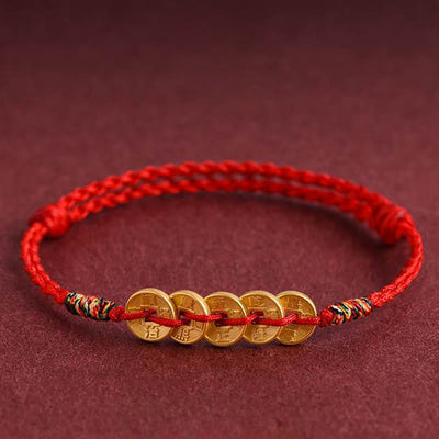 Buddha Stones Five Copper Coins Design Braided String Protection Bracelet Anklet - image 0