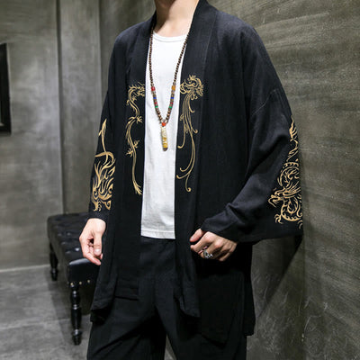 Buddha Stones Dragon Phoenix Open Front Long Sleeve Jacket Men's Cotton Kimono - image 3