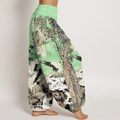Buddha Stones Pure Cotton Red-crowned Crane Stream Pattern Women's Elastic Waist Harem Pants - image 7