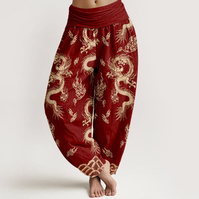 Buddha Stones Pure Cotton Dragon And Cloud Pattern Women's Elastic Waist Harem Pants - DarkRed - US16，UK/AU20，EU48 (3XL) - image 0