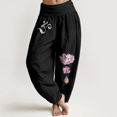 Buddha Stones Blooming Lotus Om Symbol Pattern Women's Elastic Waist Harem Pure Cotton Pants - Black - US16，UK/AU20，EU48 (3XL) - image 0