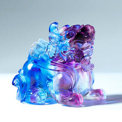 Buddha Stones Liuli Crystal Pixiu Wealth Luck Home Decoration - Blue Male Pixiu(Left Paw Forward) 8.5*5*7.5 cm - image 0