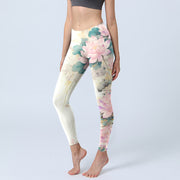 Foviel Lotus Petals Leaves Pattern Print Gym Leggings Women's Yoga Pants