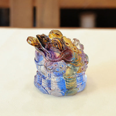 Buddha Stones Feng Shui Frog Coins Handmade Liuli Crystal Art Piece Wealth Home Office Decoration - Colorful 9*9*8cm - image 0