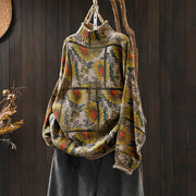 Foviel Sonnenblume Muster Mock Hals Lange Ärmel Damen Baumwolle Pullover