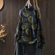 Foviel Sunflower Pattern Mock Neck Long Sleeve Women's Cotton Sweater