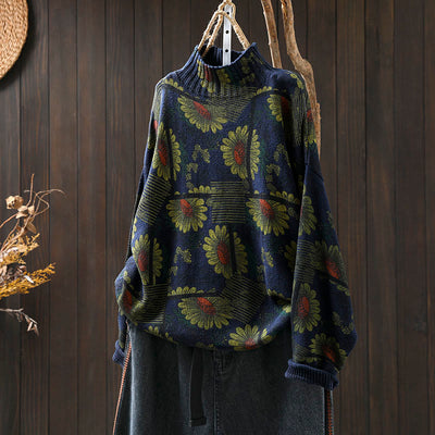 Buddha Stones Sunflower Pattern Mock Neck Long Sleeve Women's Cotton Sweater - MidnightBlue - US4-8/10，UK/AU8-12/14，EU36-40/42(F) - image 2