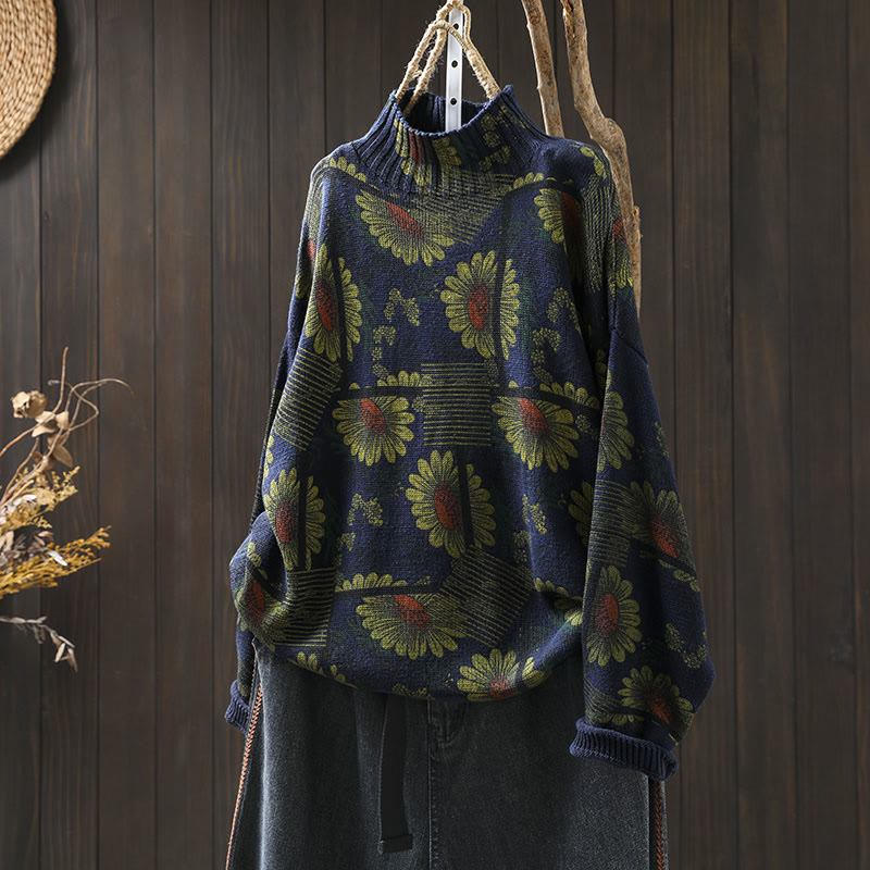 Buddha Stones Sunflower Pattern Mock Neck Long Sleeve Women's Cotton Sweater - MidnightBlue - US4-8/10，UK/AU8-12/14，EU36-40/42(F) - image 2