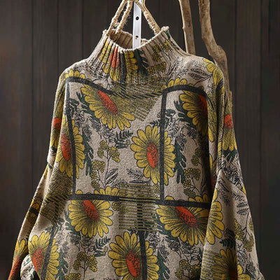 Buddha Stones Sunflower Pattern Mock Neck Long Sleeve Women's Cotton Sweater - image 1