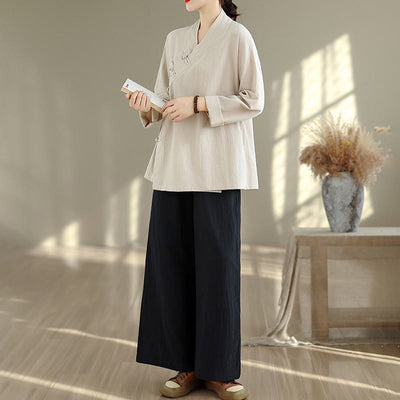 Buddha Stones 2Pcs V-Neck Long Sleeve Shirt Wide Leg Pants Zen Meditation Women's Set - image 1