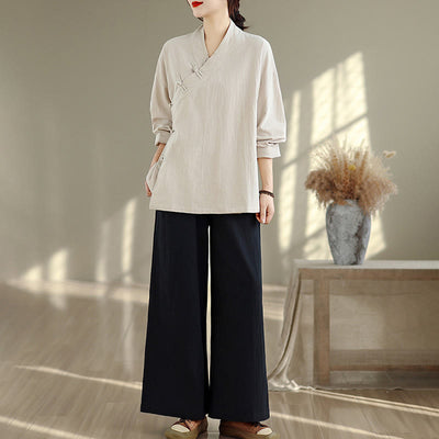 Buddha Stones 2Pcs V-Neck Long Sleeve Shirt Wide Leg Pants Zen Meditation Women's Set - image 4