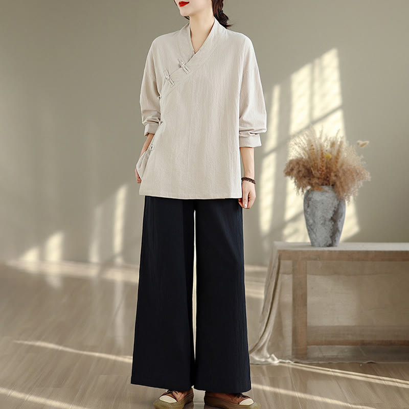 Buddha Stones 2Pcs V-Neck Long Sleeve Shirt Wide Leg Pants Zen Meditation Women's Set - image 4
