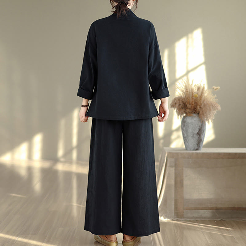 Buddha Stones 2Pcs V-Neck Long Sleeve Shirt Wide Leg Pants Zen Meditation Women's Set - image 14