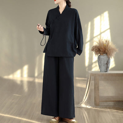 Buddha Stones 2Pcs V-Neck Long Sleeve Shirt Wide Leg Pants Zen Meditation Women's Set - image 15