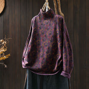 Foviel Gestrickte Pflanzenmuster Lange Ärmel Mock Hals Damen Baumwolle Pullover