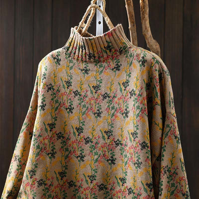 Buddha Stones Knitted Plant Pattern Long Sleeve Mock Neck Women's Cotton Sweater - image 1