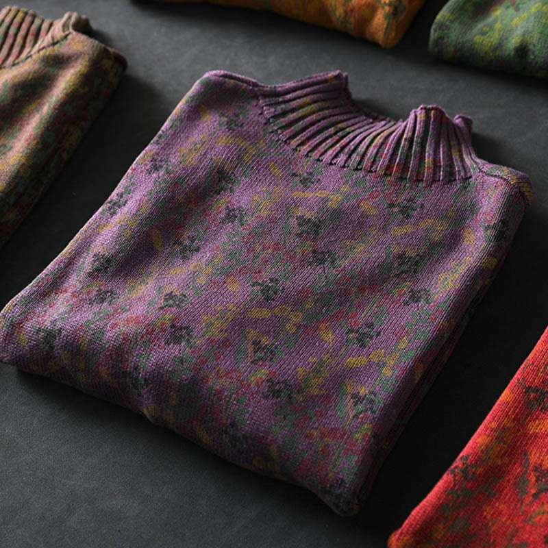 Buddha Stones Knitted Plant Pattern Long Sleeve Mock Neck Women's Cotton Sweater - image 16