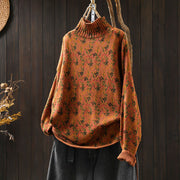 Foviel Gestrickte Pflanzenmuster Lange Ärmel Mock Hals Damen Baumwolle Pullover